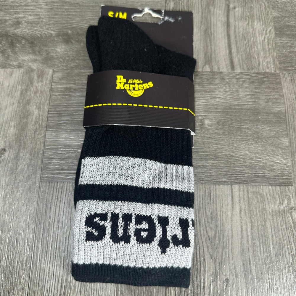 Dr. Martens Socks Athletic Logo Women S/M Black White Ribbed Crew NEW AC838003
